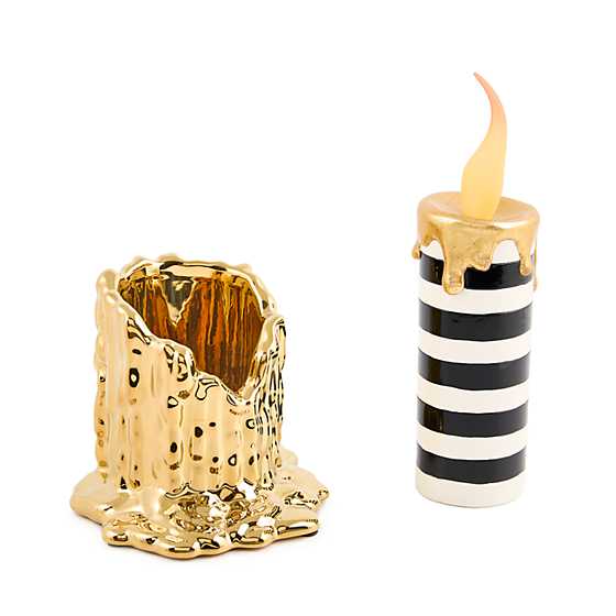 MacKenzie-Childs Fall Decor Haunted House Tall Gold Candle Holder & illuminated Striped Candle Set
