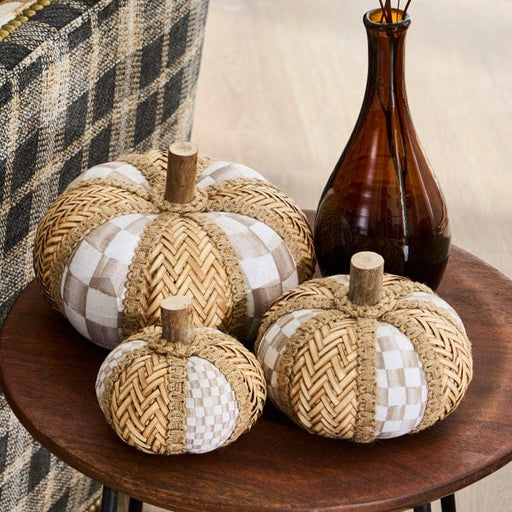 MacKenzie-Childs Fall Decor Mocha Check Rattan Pumpkins, Set of 3