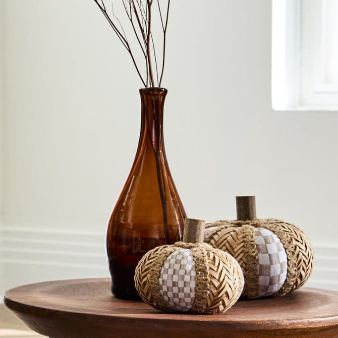 MacKenzie-Childs Fall Decor Mocha Check Rattan Pumpkins, Set of 3