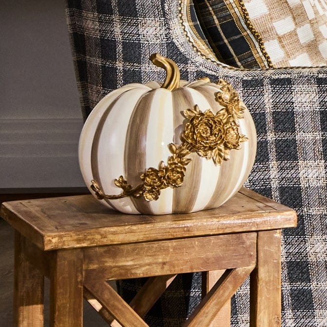 MacKenzie-Childs Fall Decor Mocha Stripe Floral Garland Pumpkin