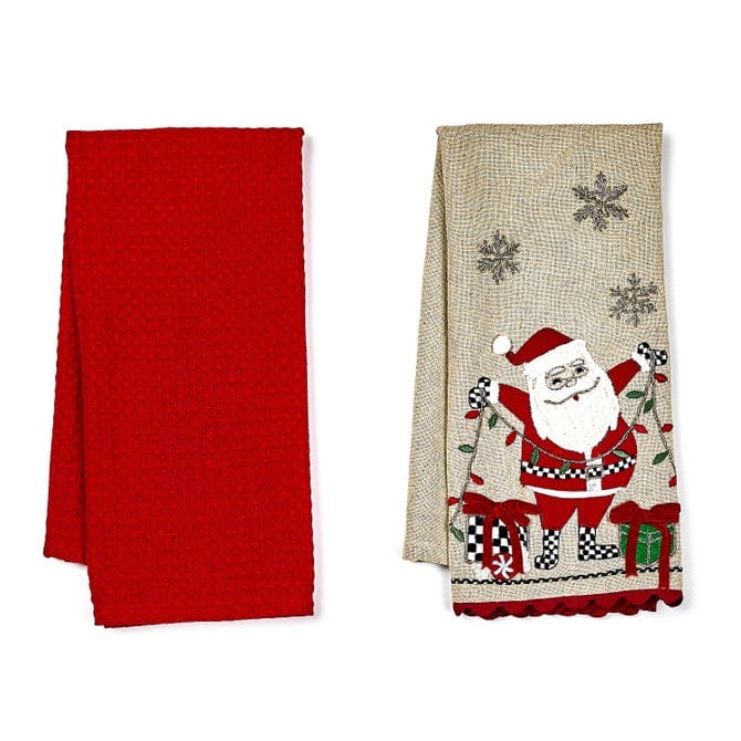 MacKenzie-Childs Kitchen Towels Mackenzie-Childs Santa with Tree Lights Embroidered Dish Towels, Set of 2