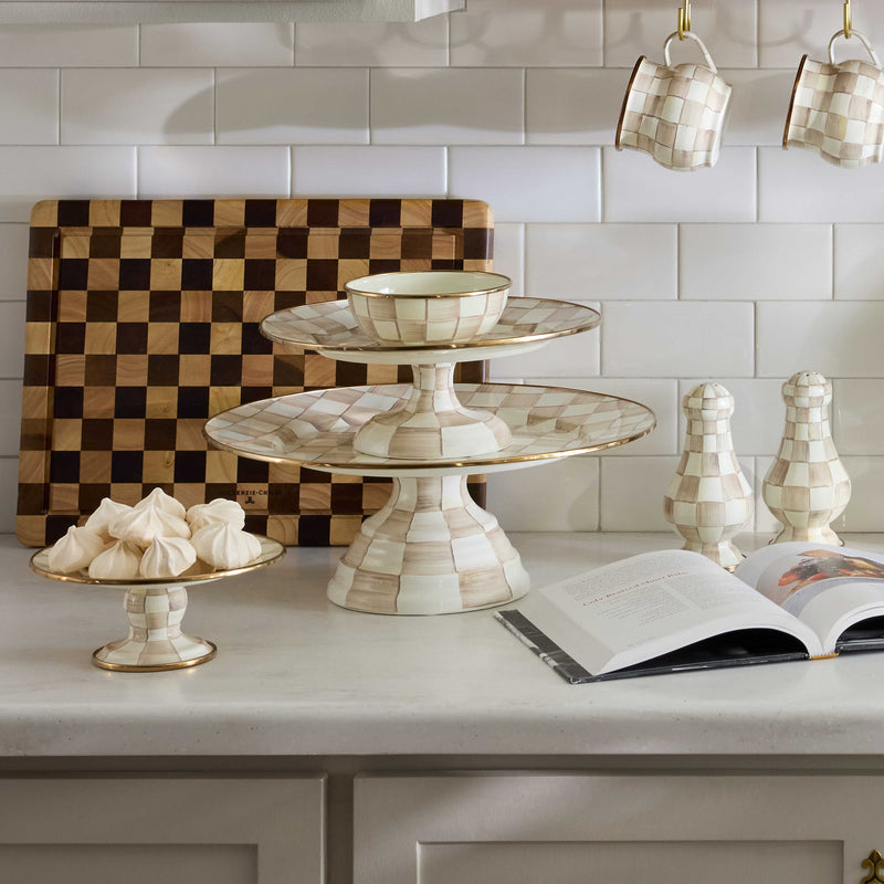 MacKenzie-Childs Platter Mocha Check Small Pedestal Platter