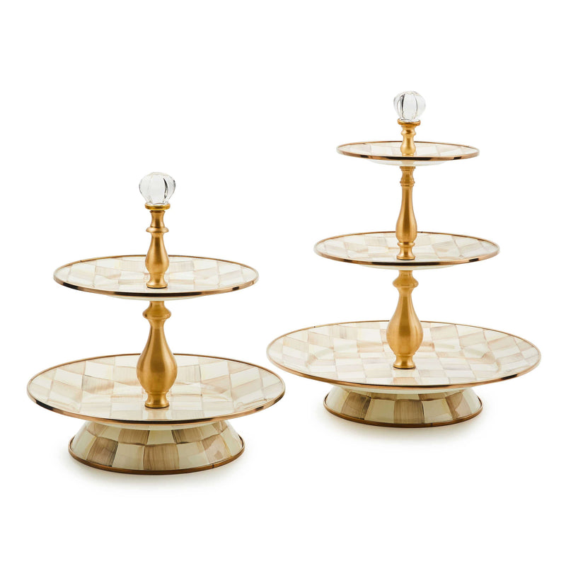 MacKenzie-Childs Platter Mocha Check Three Tier Sweet Stand