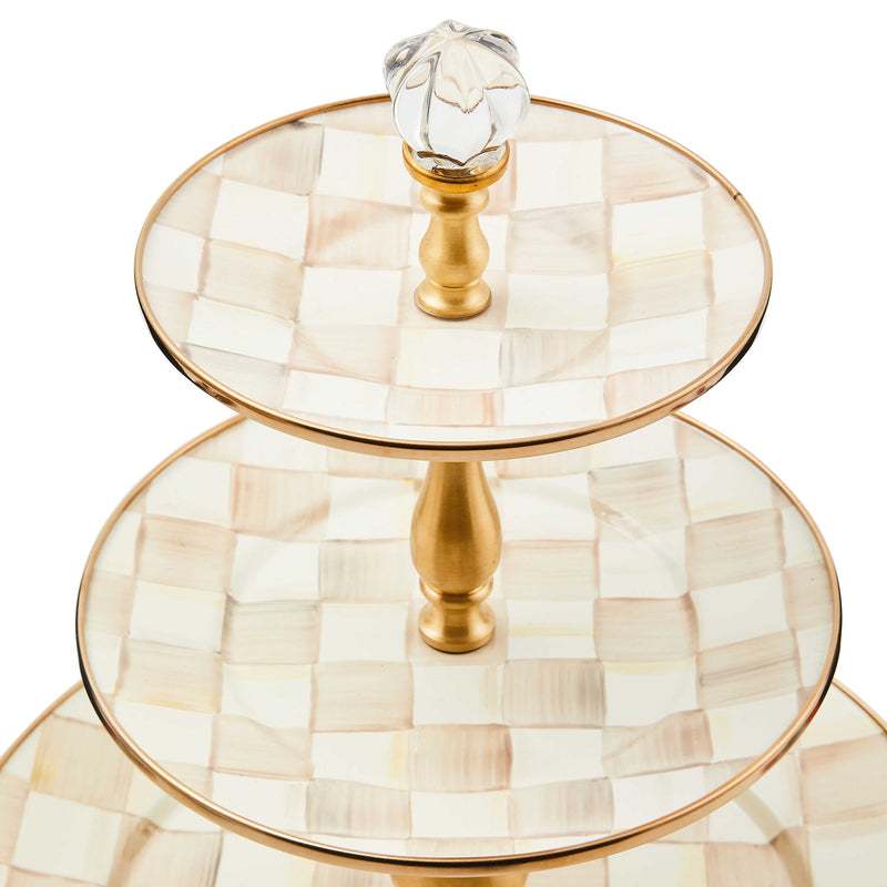 MacKenzie-Childs Platter Mocha Check Three Tier Sweet Stand