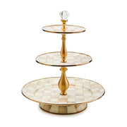 MacKenzie-Childs Platter Mocha Check Three Tier Sweet Stand