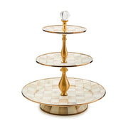 MacKenzie-Childs Platter Mocha Check Three Tier Sweet Stand