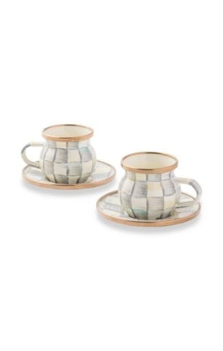 MacKenzie-Childs Saucers Sterling Check Enamel Espresso Cup & Saucer Set