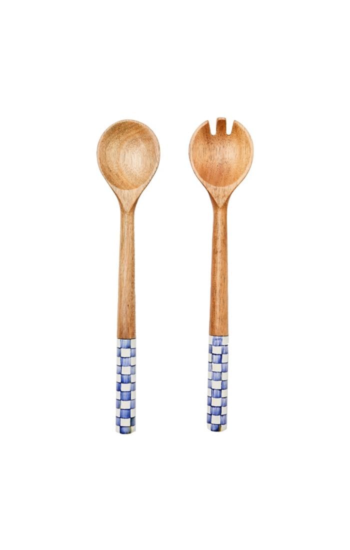 MacKenzie-Childs Serving Spoons Royal Check Wood Salad Servers