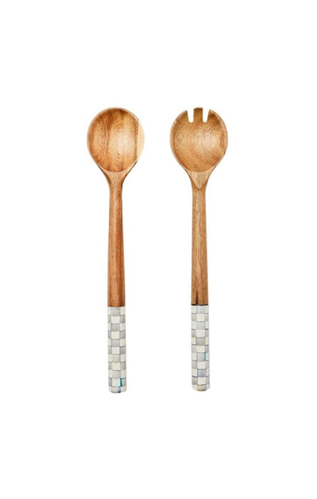 MacKenzie-Childs Serving Spoons Sterling Check Wood Salad Servers