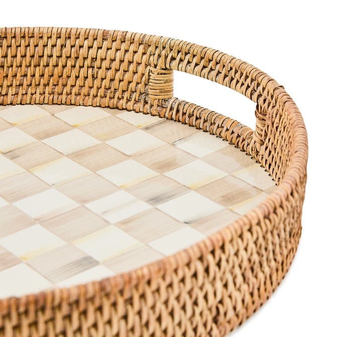 MacKenzie-Childs Serving Tray Mackenzie-Childs Mocha Check Enamel & Rattan Round Serving Tray