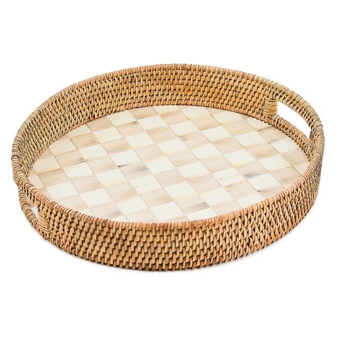 MacKenzie-Childs Serving Tray Mackenzie-Childs Mocha Check Enamel & Rattan Round Serving Tray
