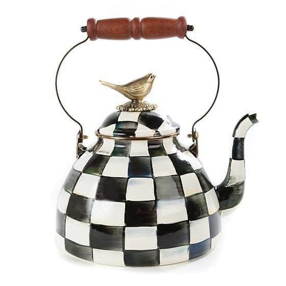 MacKenzie-Childs Tea Kettles Mackenzie-Childs Courtly check Enamel 3 Qt. tea kettle with Bird