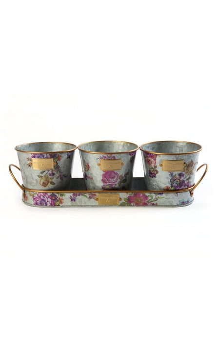 MacKenzie-Childs Trays Flower Market Galvanized Herb Pots with Tray - Set of 3