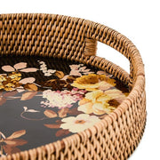 MacKenzie-Childs Trays Mackenzie-Childs Wild Rose Brown Enamel & Rattan Round Serving Tray
