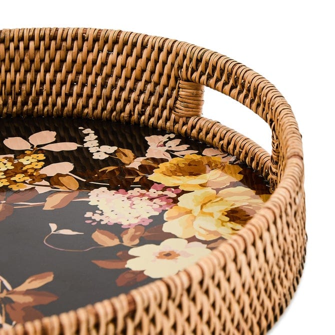 MacKenzie-Childs Trays Mackenzie-Childs Wild Rose Brown Enamel & Rattan Round Serving Tray