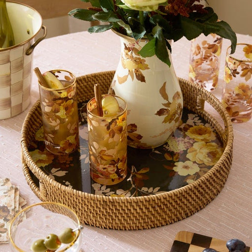 MacKenzie-Childs Trays Mackenzie-Childs Wild Rose Brown Enamel & Rattan Round Serving Tray