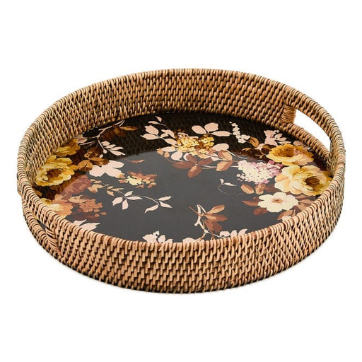 MacKenzie-Childs Trays Mackenzie-Childs Wild Rose Brown Enamel & Rattan Round Serving Tray