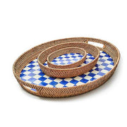 MacKenzie-Childs Unclassified Royal Check Small Enamel & Rattan Serving Tray