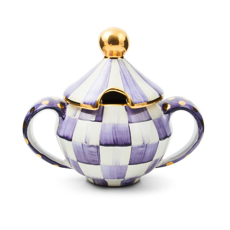 MacKenzie-Childs Violet Check Ceramic Sugar Bowl with Lid