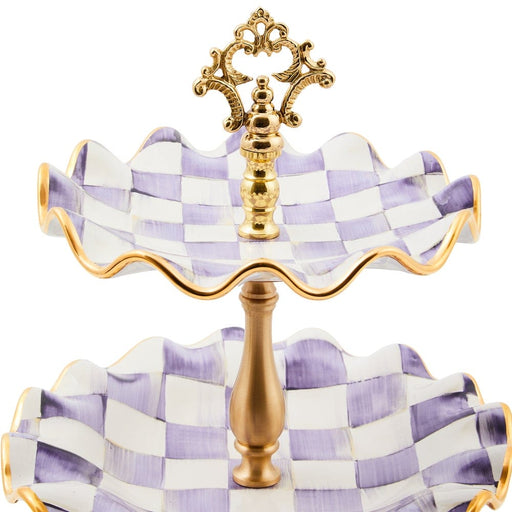 MacKenzie-Childs Violet Check Ceramic Three Tier Sweet Stand