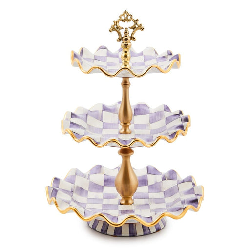 MacKenzie-Childs Violet Check Ceramic Three Tier Sweet Stand