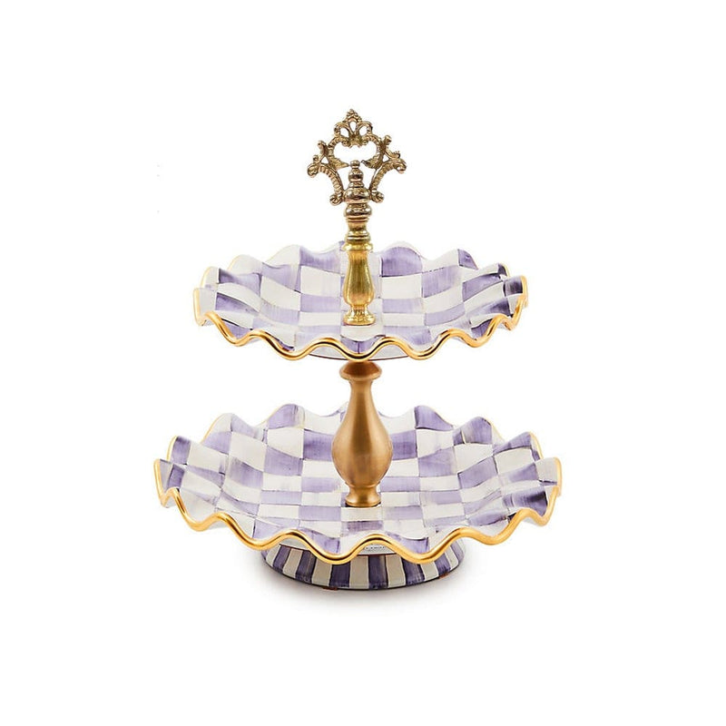 MacKenzie-Childs Violet Check Ceramic Two Tier Sweet Stand