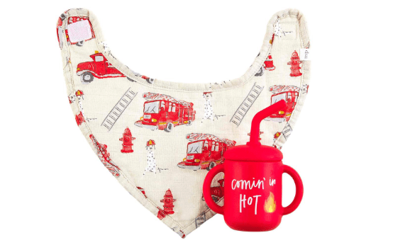 Mud Pie Baby Fire Truck Silicone Cup & Bib Set