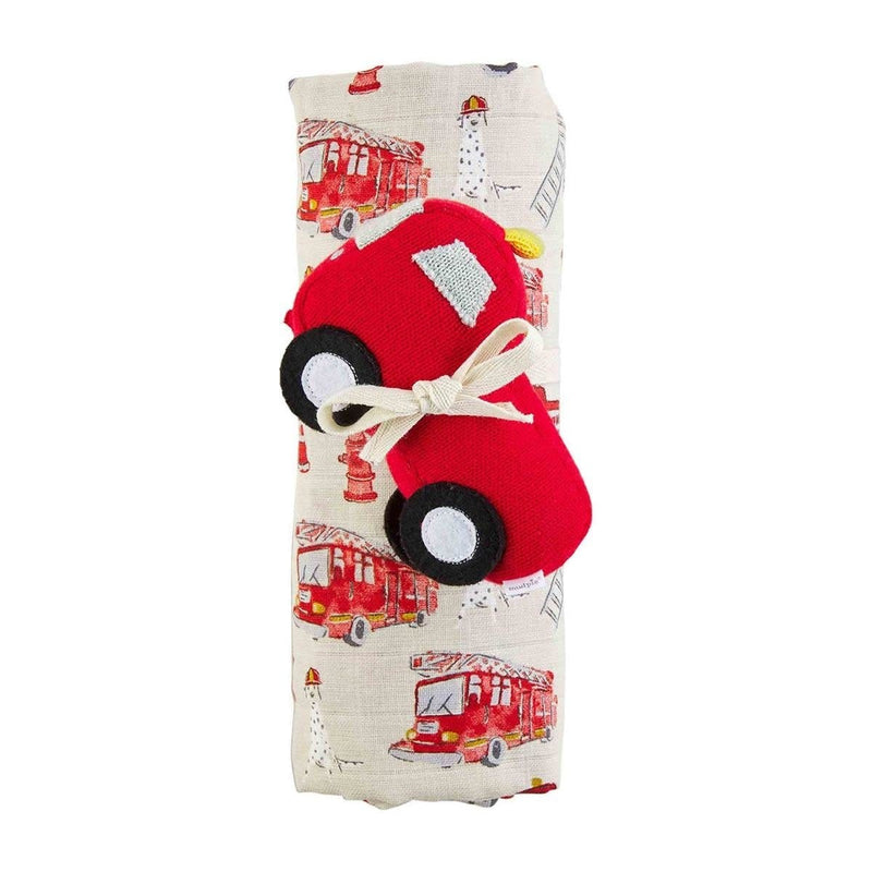 Mud Pie Baby Fire Truck Swaddle & Rattle Set