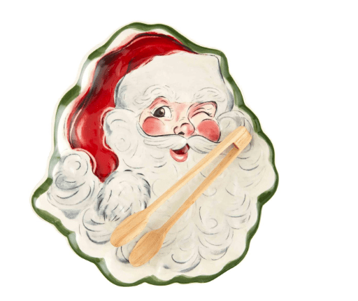 Mud Pie Christmas Vintage Santa Plate & Tong Set