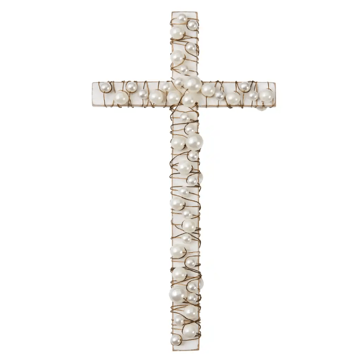 Mud Pie White Wood Cross with Pearls