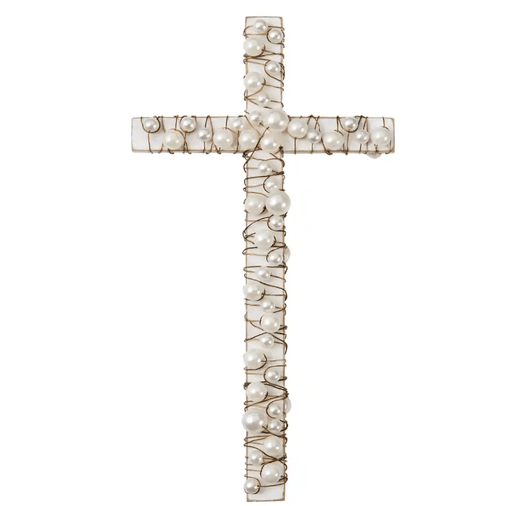 Mud Pie White Wood Cross with Pearls