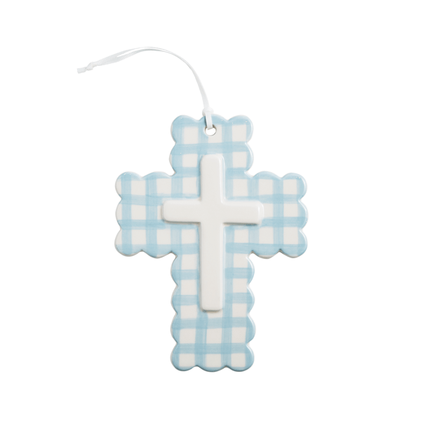 MudPie Baby Blue Ceramic Gingham Cross
