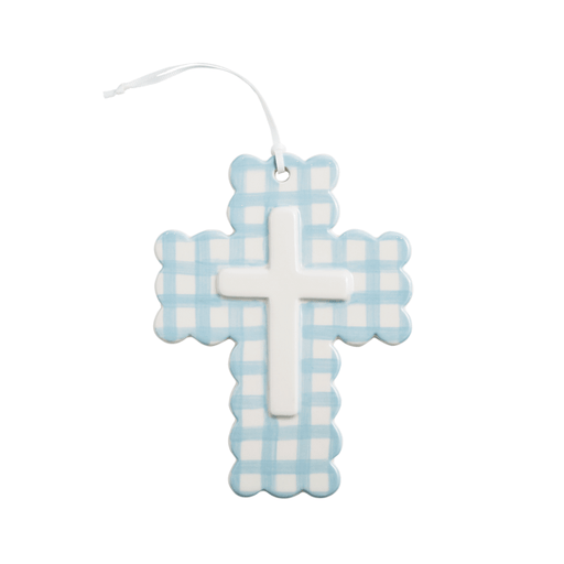 MudPie Baby Blue Ceramic Gingham Cross