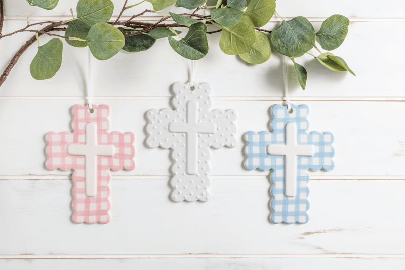 MudPie Baby Pink Ceramic Gingham Cross