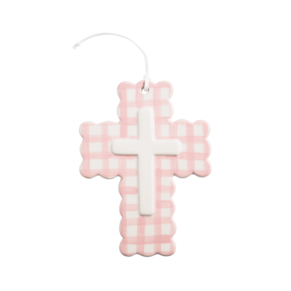 MudPie Baby Pink Ceramic Gingham Cross