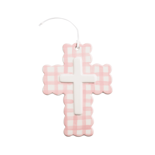 MudPie Baby Pink Ceramic Gingham Cross