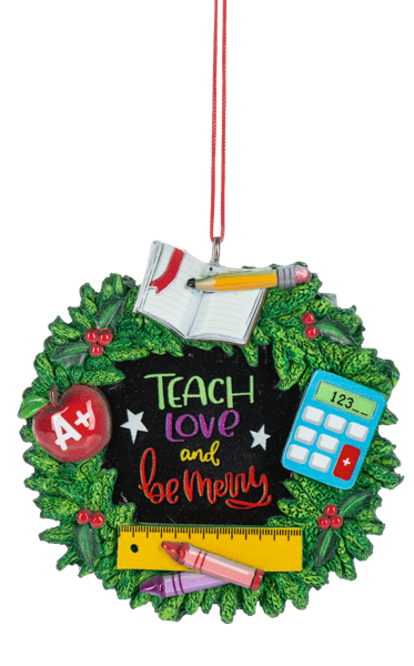Teacher Wreath Ornament - Teach Love And Be Merry