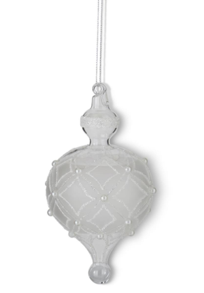 6 Inch Frosted Clear Glass Diamond Painted White Beaded Onion Ornament