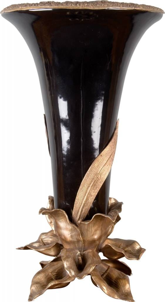 Oriental Danny Vases Porcelain Flower Vase with Bronze Lily Flower Ormolu - Ebony Black