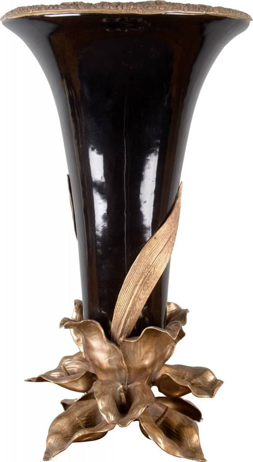 Oriental Danny Vases Porcelain Flower Vase with Bronze Lily Flower Ormolu - Ebony Black