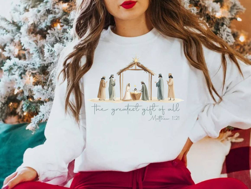 Posh Magnolia Boutique Christmas Nativity Sweatshirt |The Greatest Gift Sweatshirt : XL