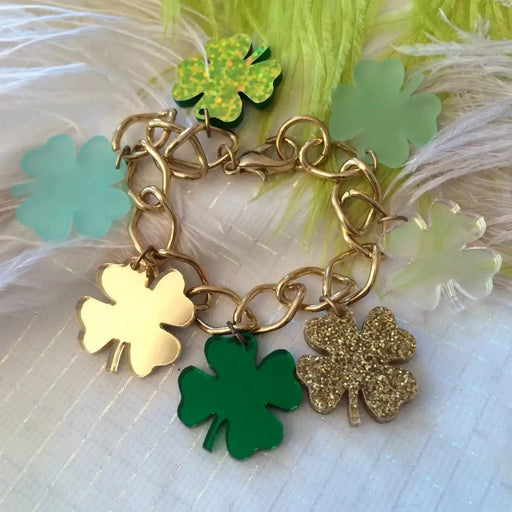 Quirks! Bracelets Green and Gold Shamrock Clover Charm Bracelet