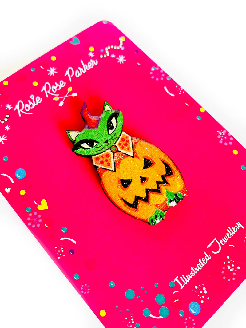Quirks! Brooch Cat in a Pumpkin Costume Pin by Rosie Rose Parker