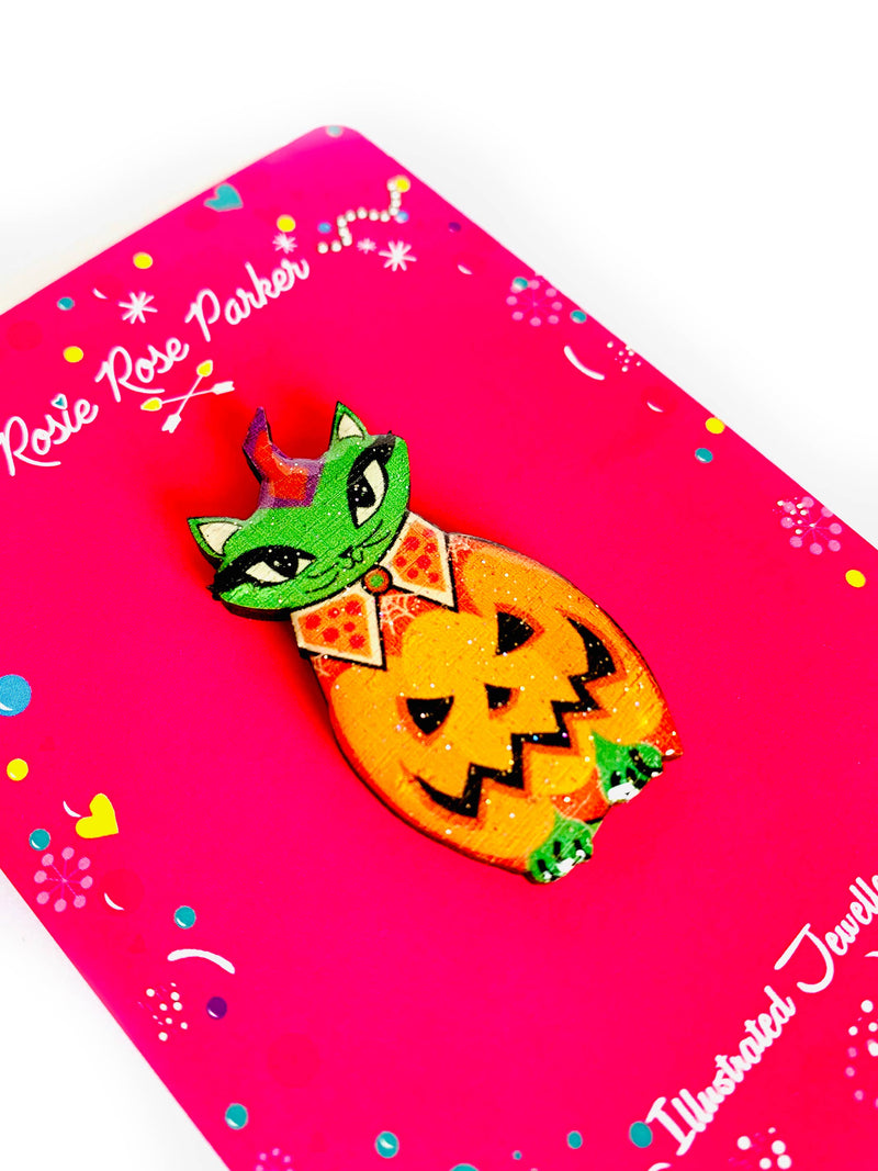 Quirks! Brooch Cat in a Pumpkin Costume Pin by Rosie Rose Parker