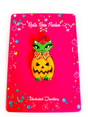 Quirks! Brooch Cat in a Pumpkin Costume Pin by Rosie Rose Parker