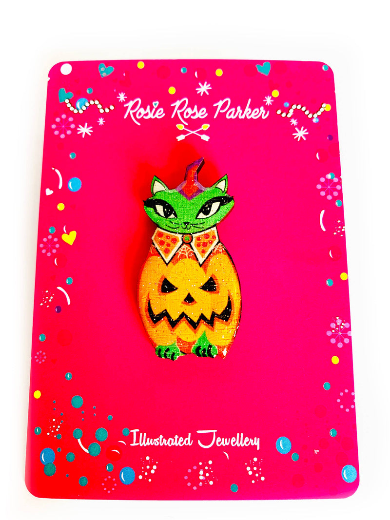 Quirks! Brooch Cat in a Pumpkin Costume Pin by Rosie Rose Parker