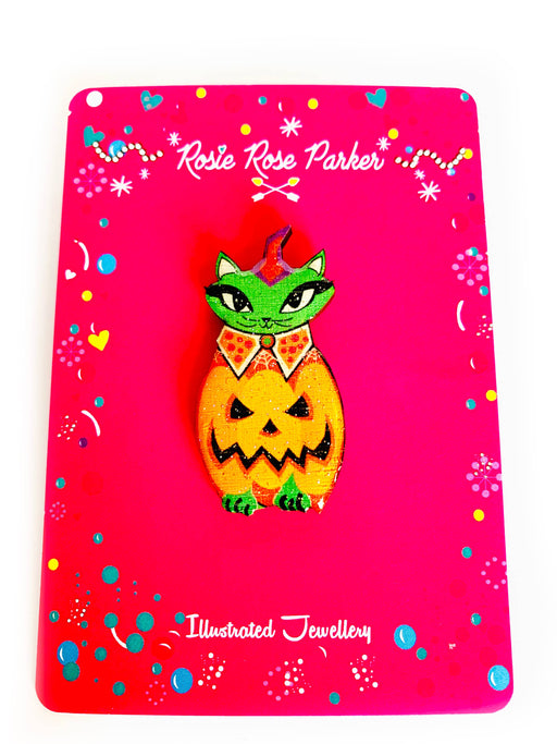 Quirks! Brooch Cat in a Pumpkin Costume Pin by Rosie Rose Parker