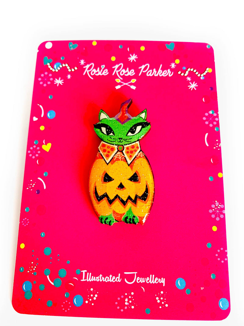 Quirks! Brooch Cat in a Pumpkin Costume Pin by Rosie Rose Parker