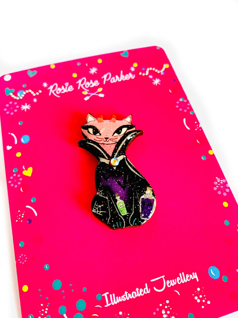 Quirks! Brooch Retro Vampire Cat Pin by Rosie Rose Parker