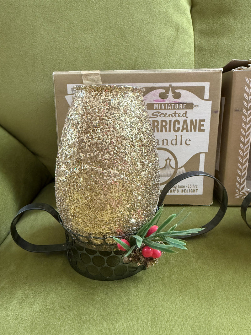 Quirks! candolier Vintage Christmas Gold Glitter Hurricane Glass Candles in Box x2